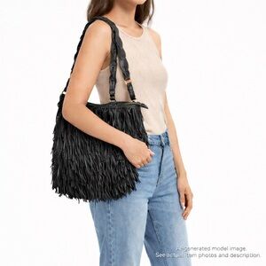 261. Black Boho Leather Fringe Tote Bag Large Slouchy Shoulder Bag